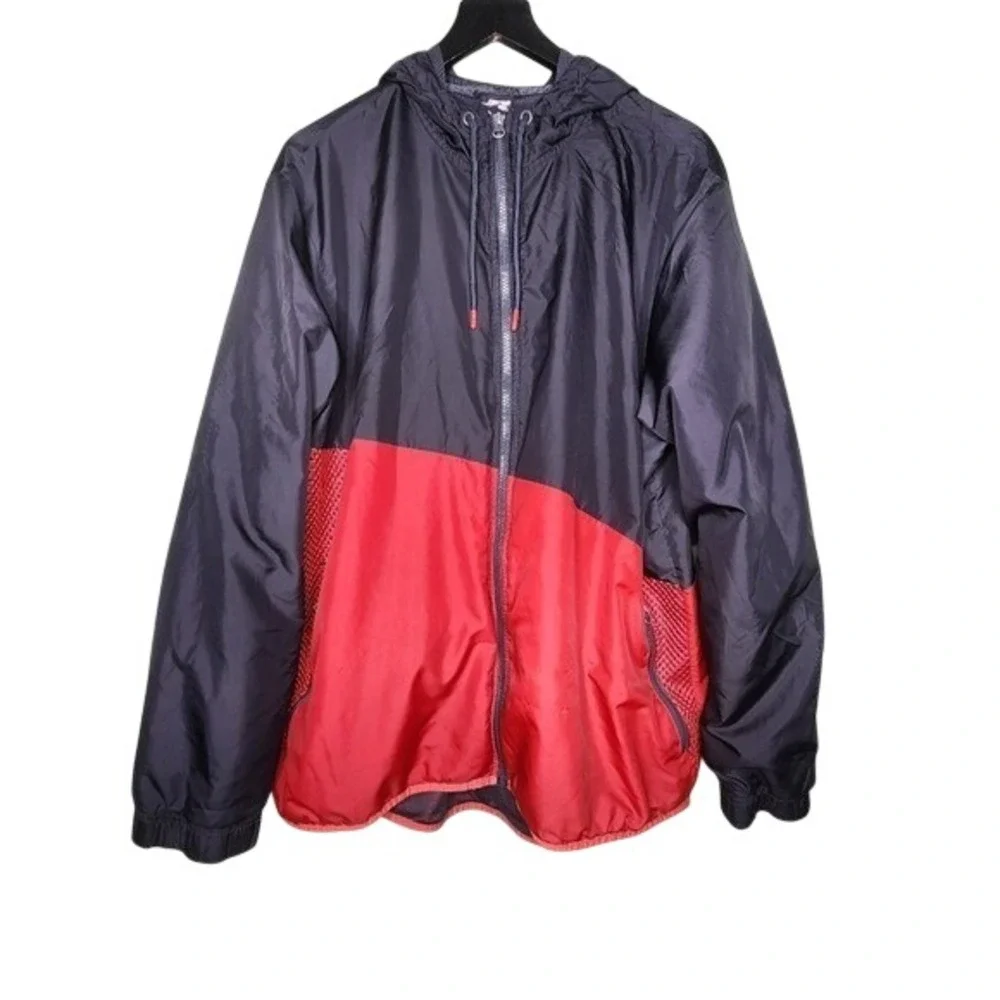 Russell Athletic‎ Mens Black Red Colorblock Hooded Windbreaker Jacket XL